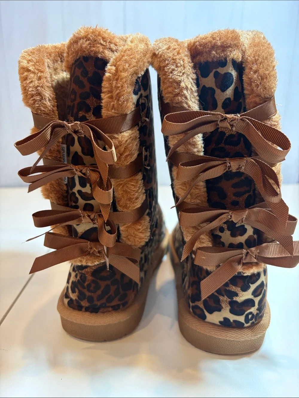 Link Girls Leopard Print Faux Fur Bow Boots Size 3 Y2K